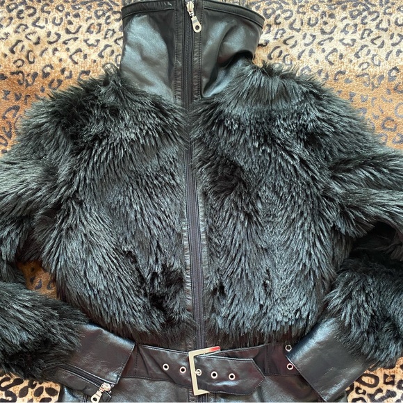 Aldo Fur Black Leather Jacket - Picture 2 of 4